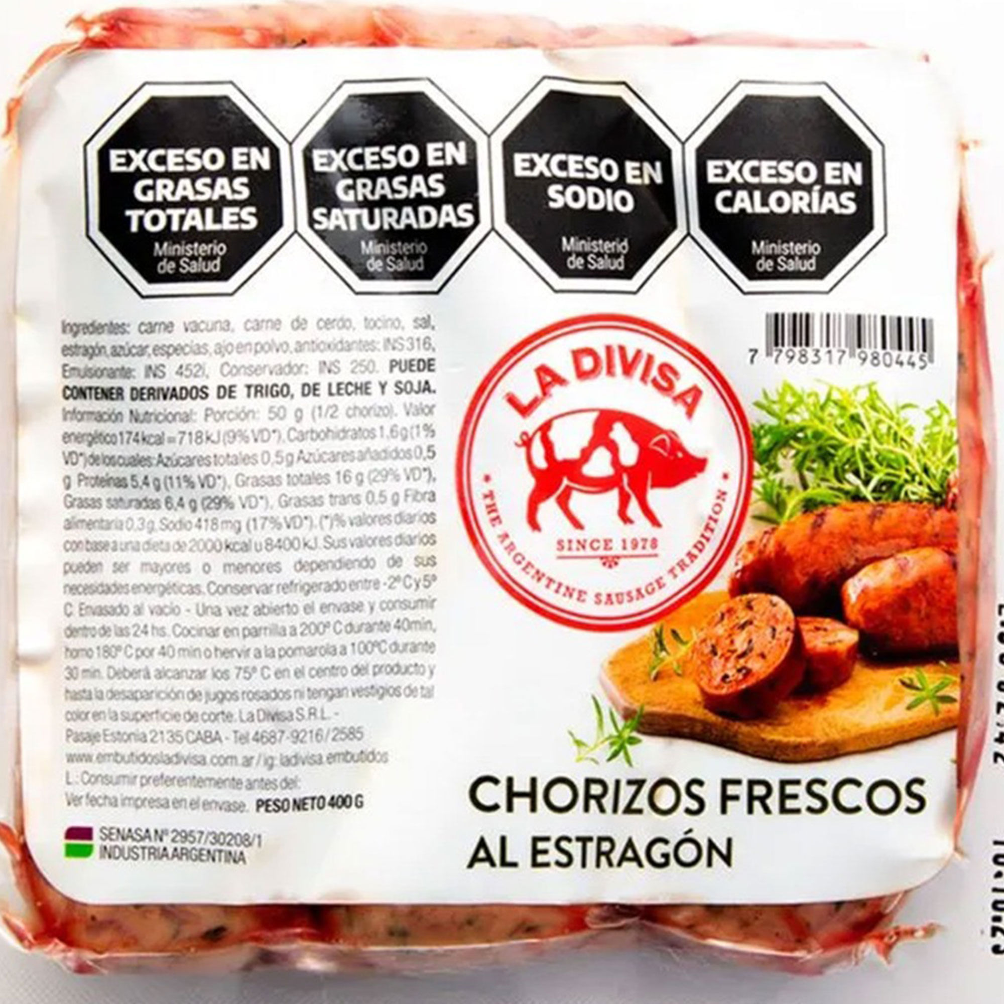 Chorizo fresco al estragon La Divisa 400 g.