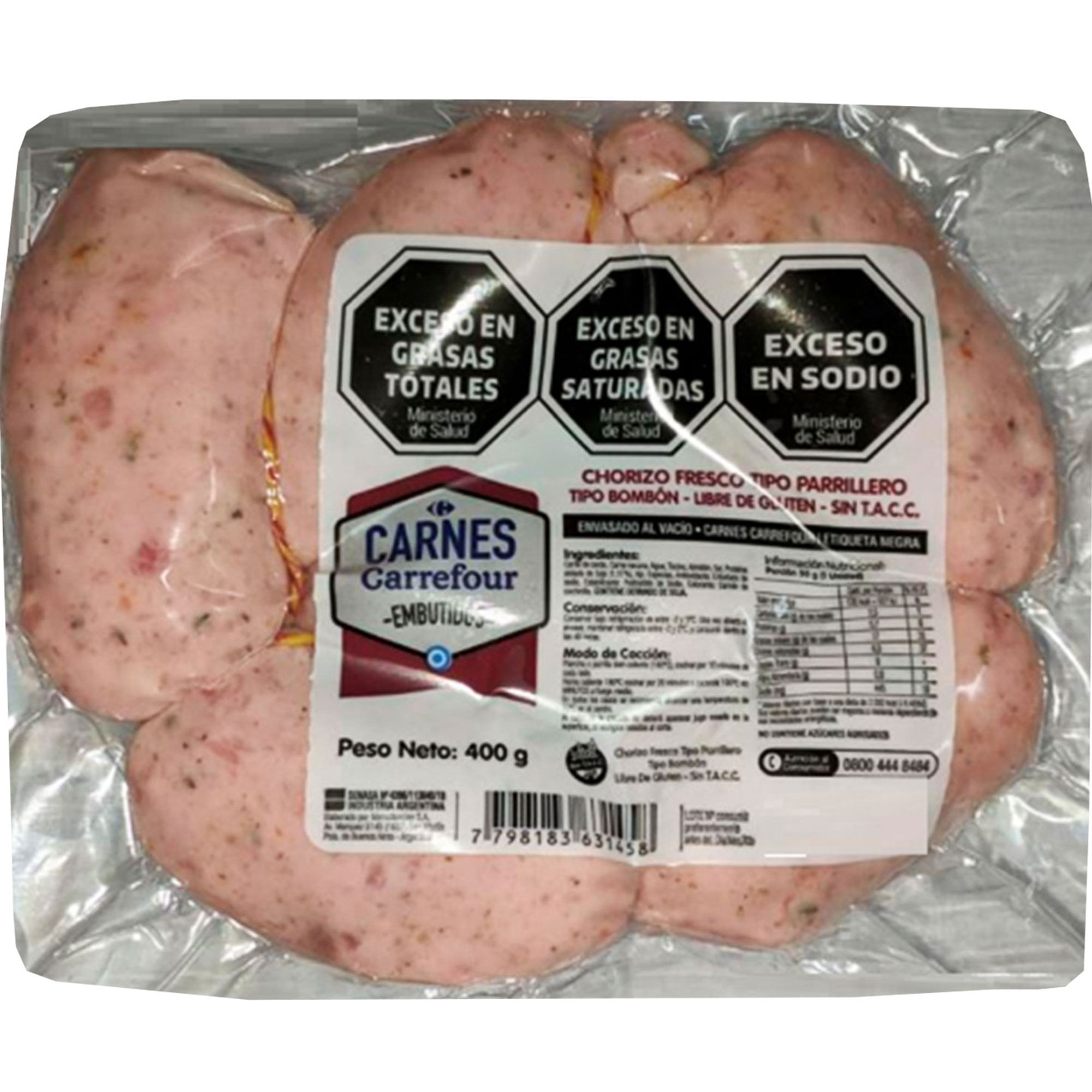 Chorizo parrillero Bombón Carrefour 400 g x 6 uni