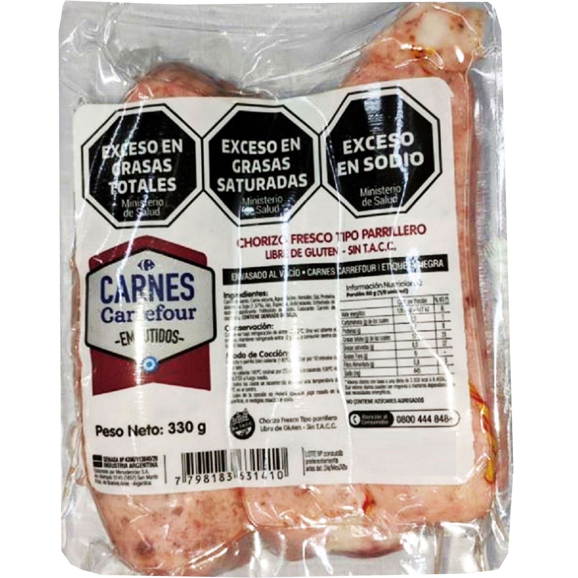 Chorizo fresco tipo parrillero Carrefour 330 g x 3 uni