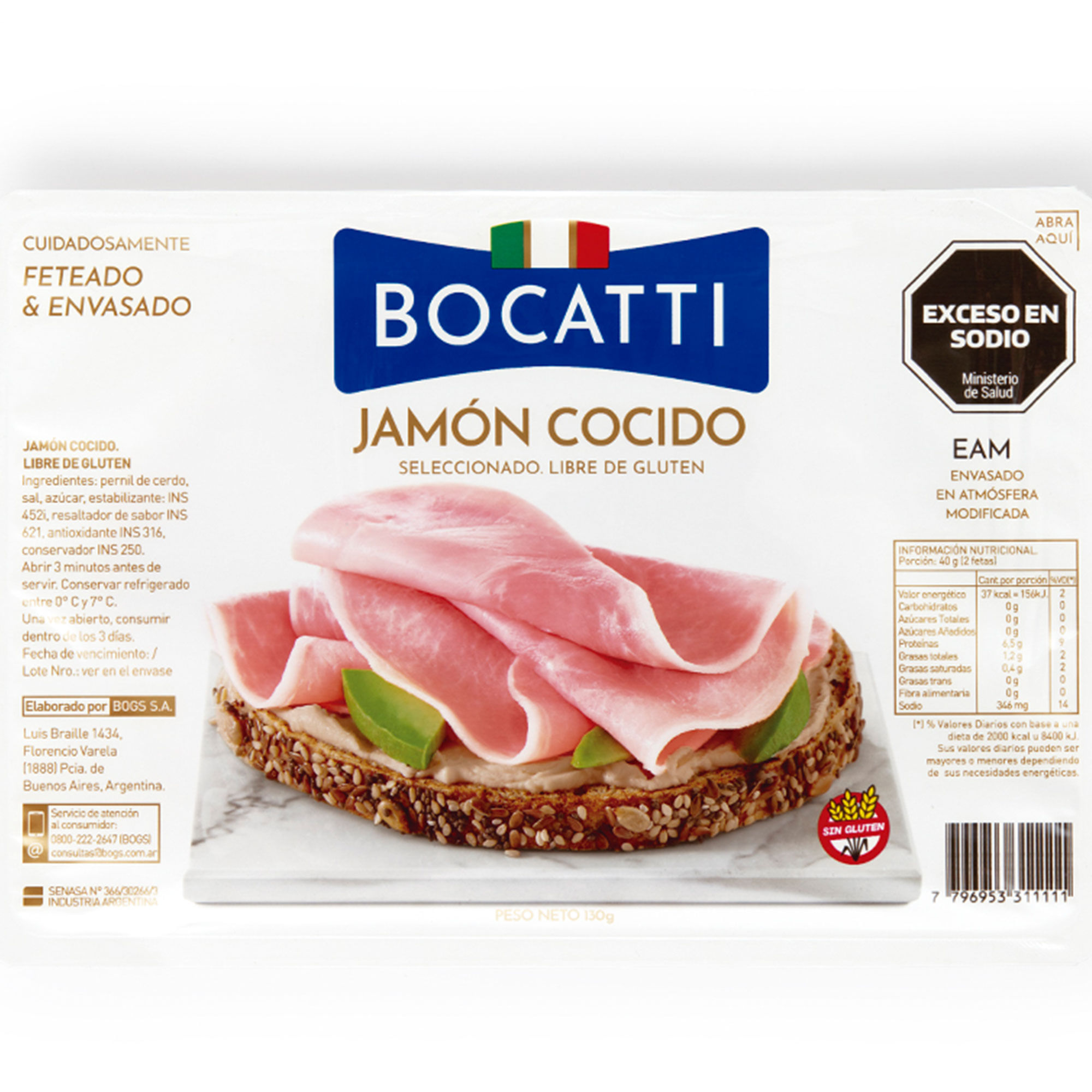 Jamón cocido natural feteado Bocatti 130 g.