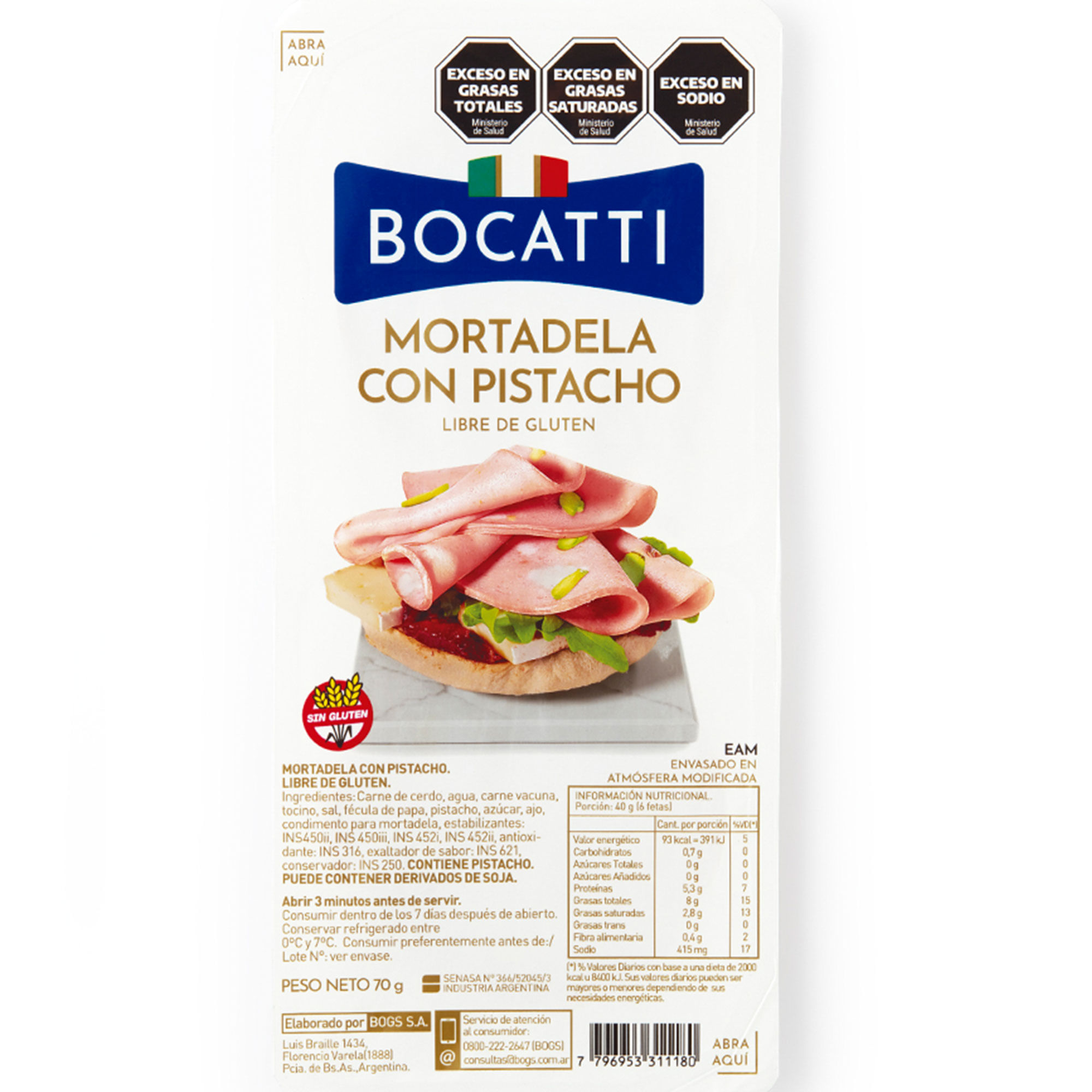 Mortadela con pistacchio Bocatti feteado 70 g.