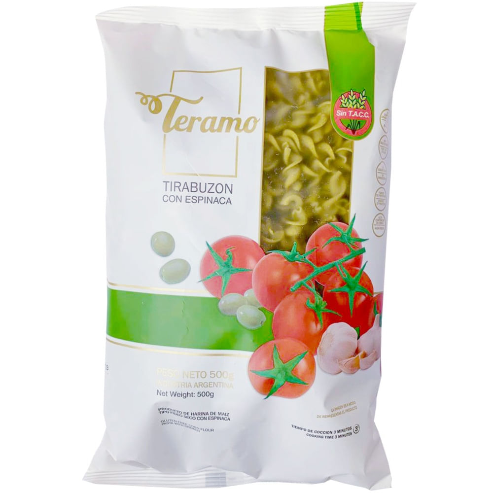 Fideos tirabuzón Teramo sin TACC maíz espinaca 500 g.