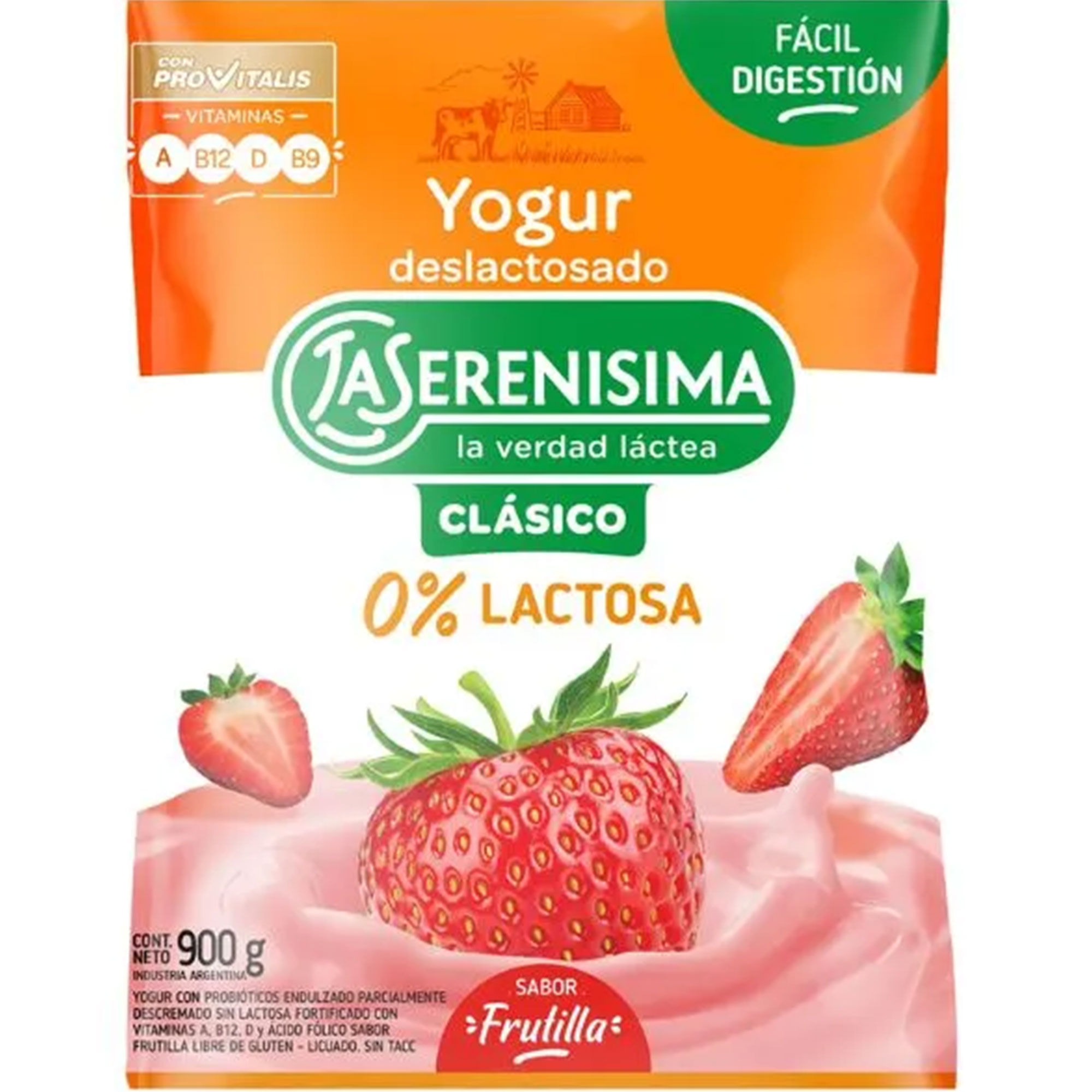 Yogur sachet deslactosado sabor frutilla La Serenísima Nutrición Activa 900 grs