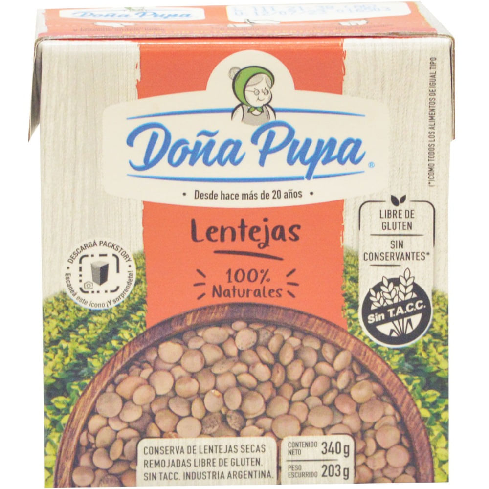 Lentejas secas remojadas Doña Pupa tetra 340 g.