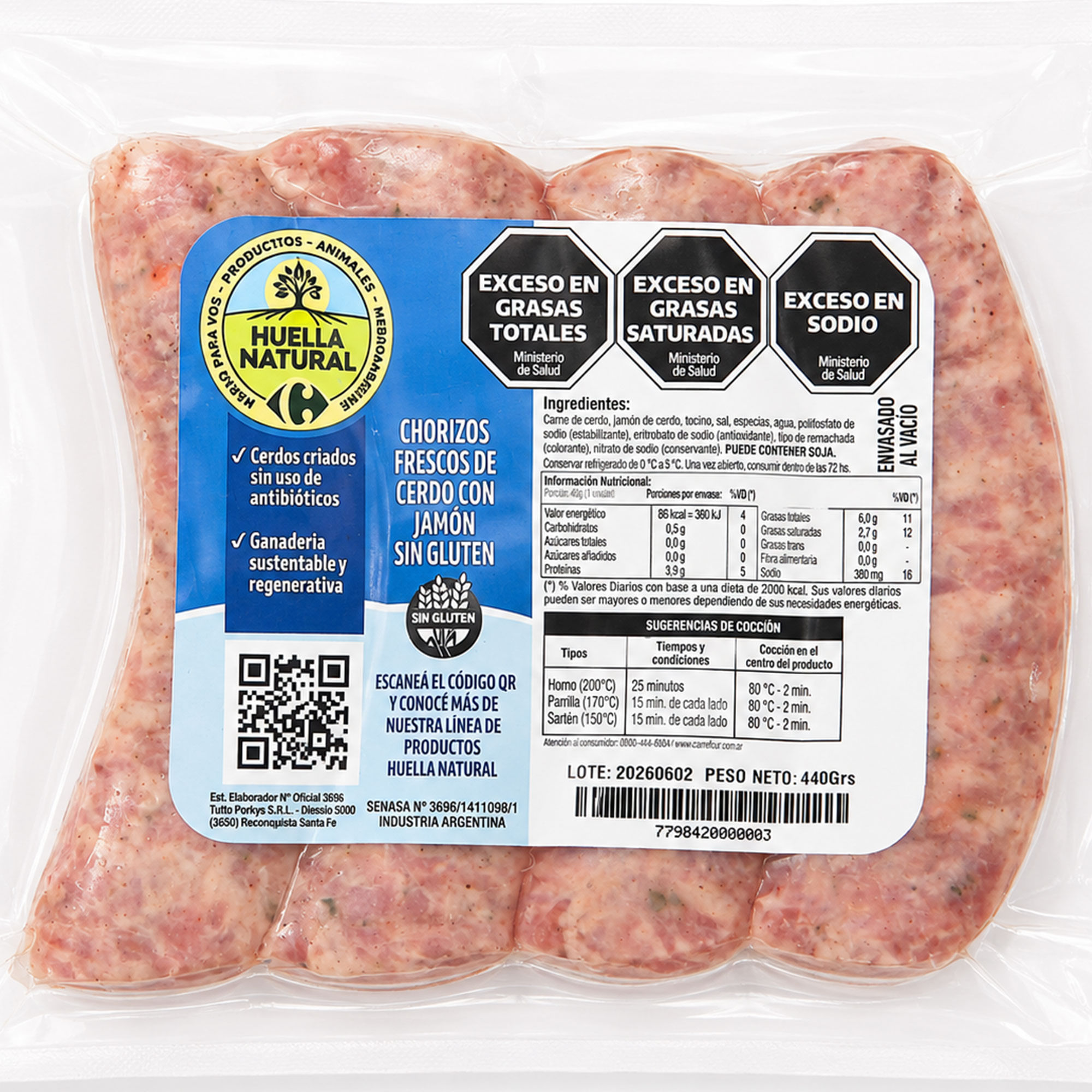 Chorizo puro de jamón Huella Natural x4 440 grs