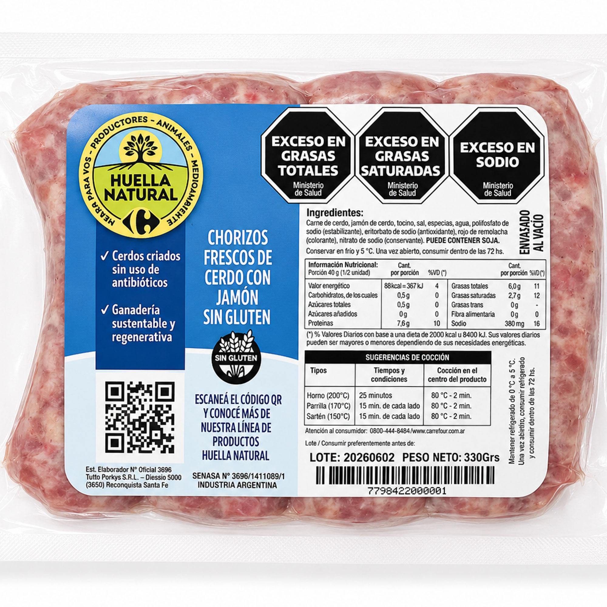 Chorizo puro de jamón Huella Natural x6 330 grs
