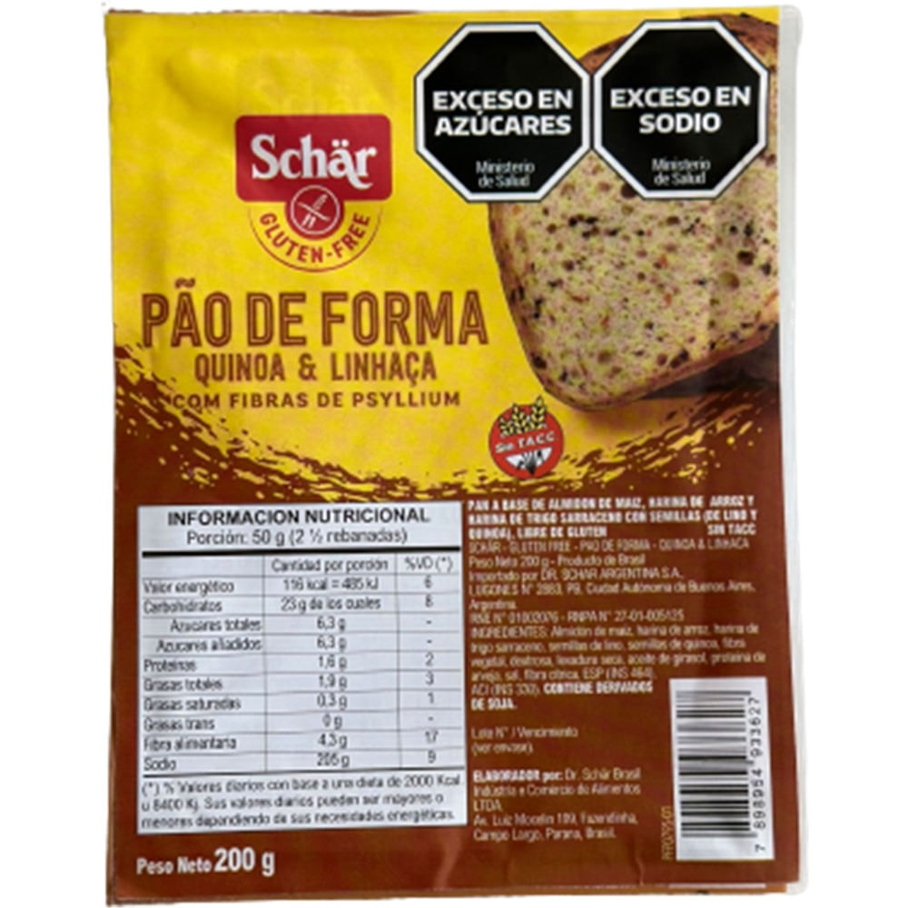 Pan sin tacc Schar con quinoa 200 g.