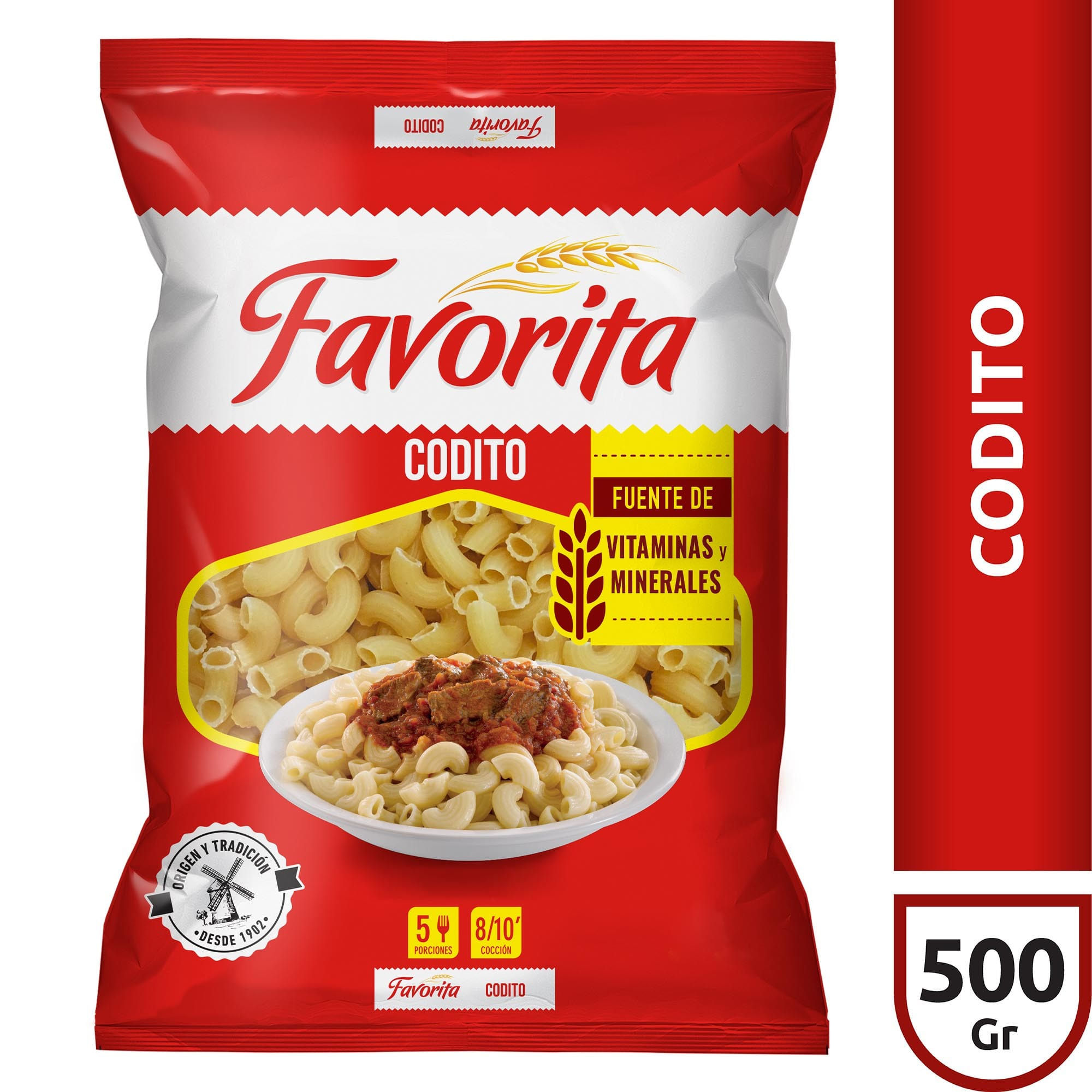 Fideos coditos rayados Favorita fortificado 500 g.