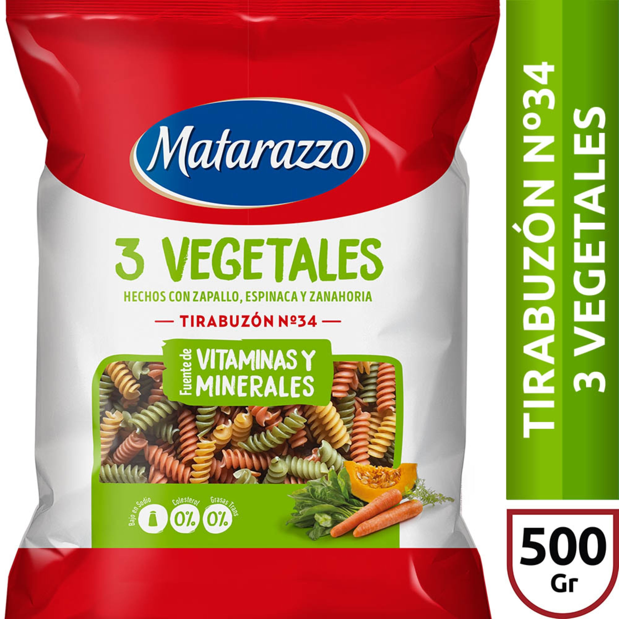 Fideos tirabuzon Matarazzo 3 vegetales 500 g.