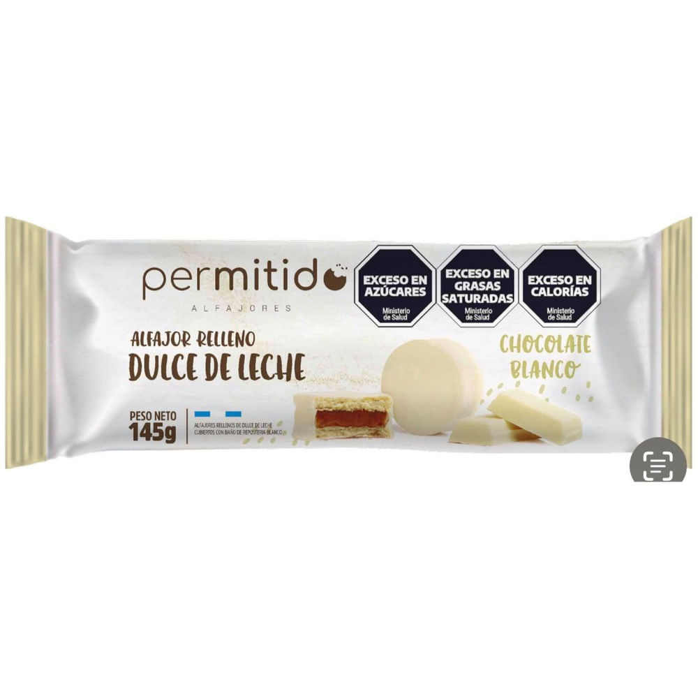 Alfajores de chocolate blanco Permitido relleno de dulce de leche x5 145 grs