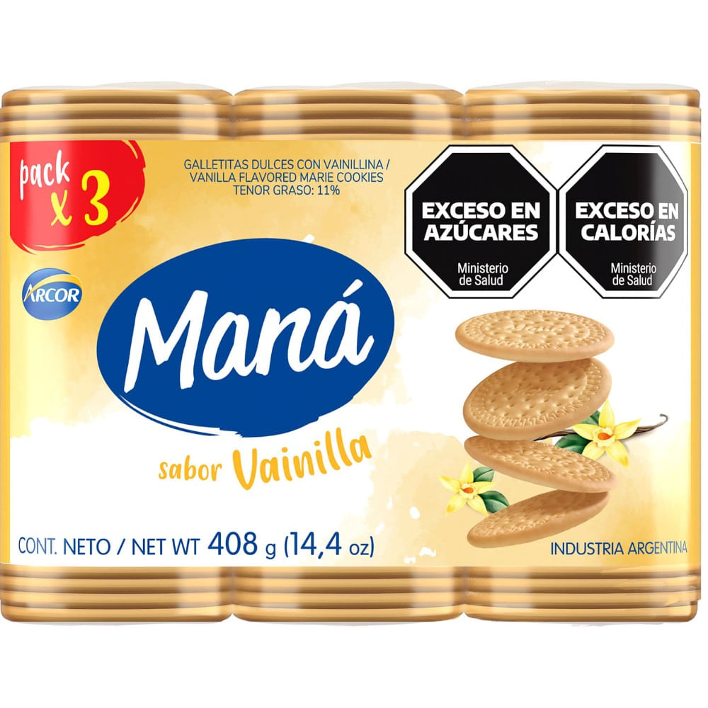 Galletitas Maná de vainilla livianas x3 408 grs