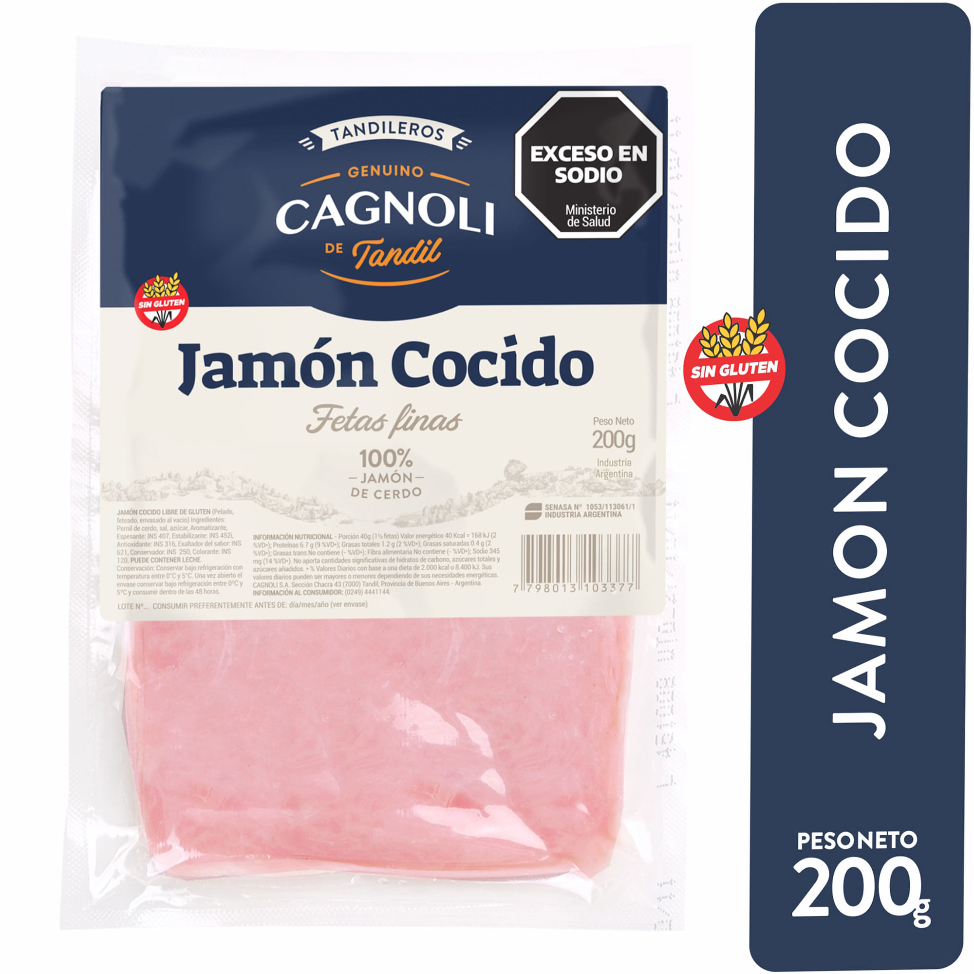 Jamón cocido feteado Cagnoli 200 g.