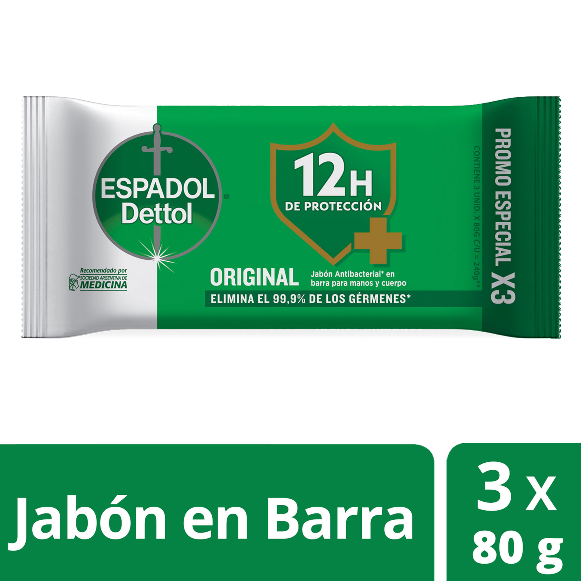 Jabón en barra original Espadol Dettol x3 80 g.