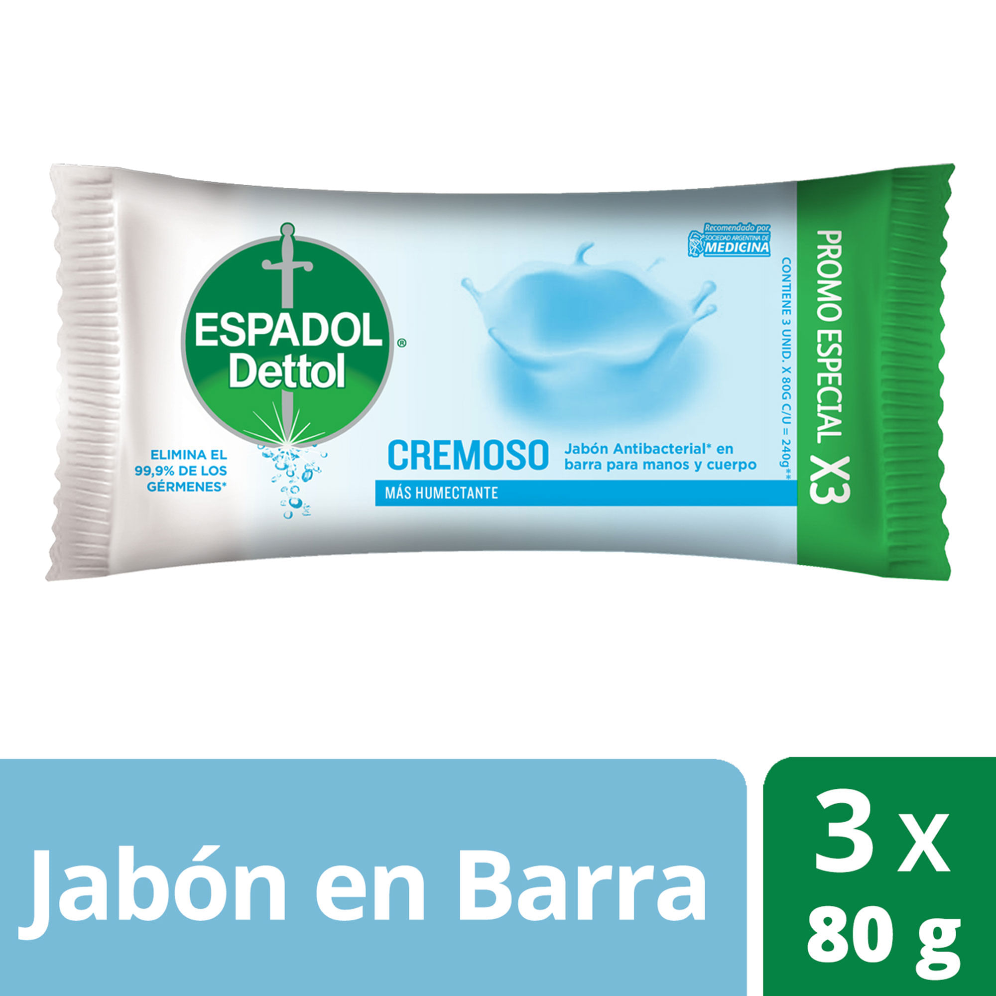 Jabón en barra cremoso Espadol Dettol x3 80 g.