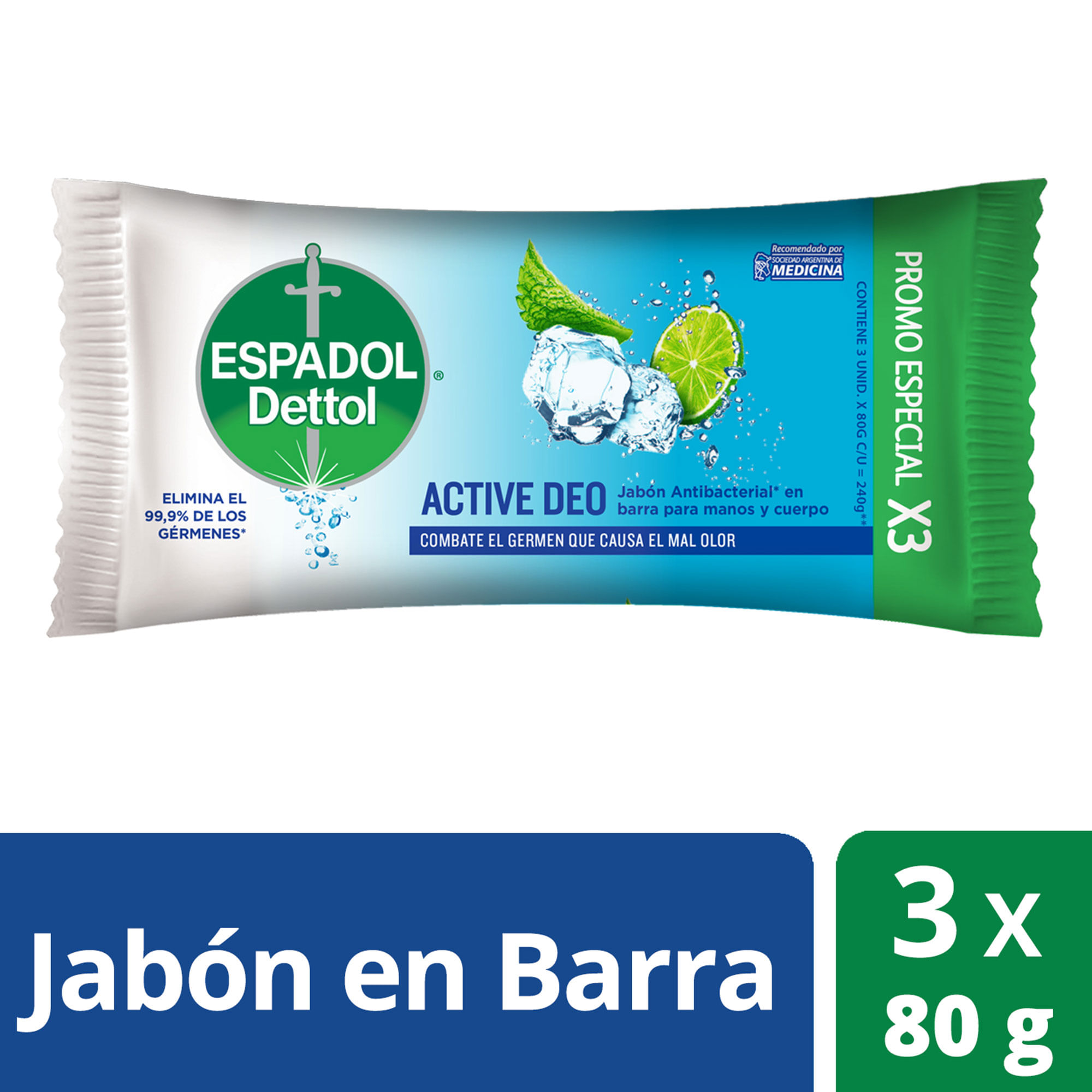 Jabón en barra active deo Espadol Dettol x3 80 g.