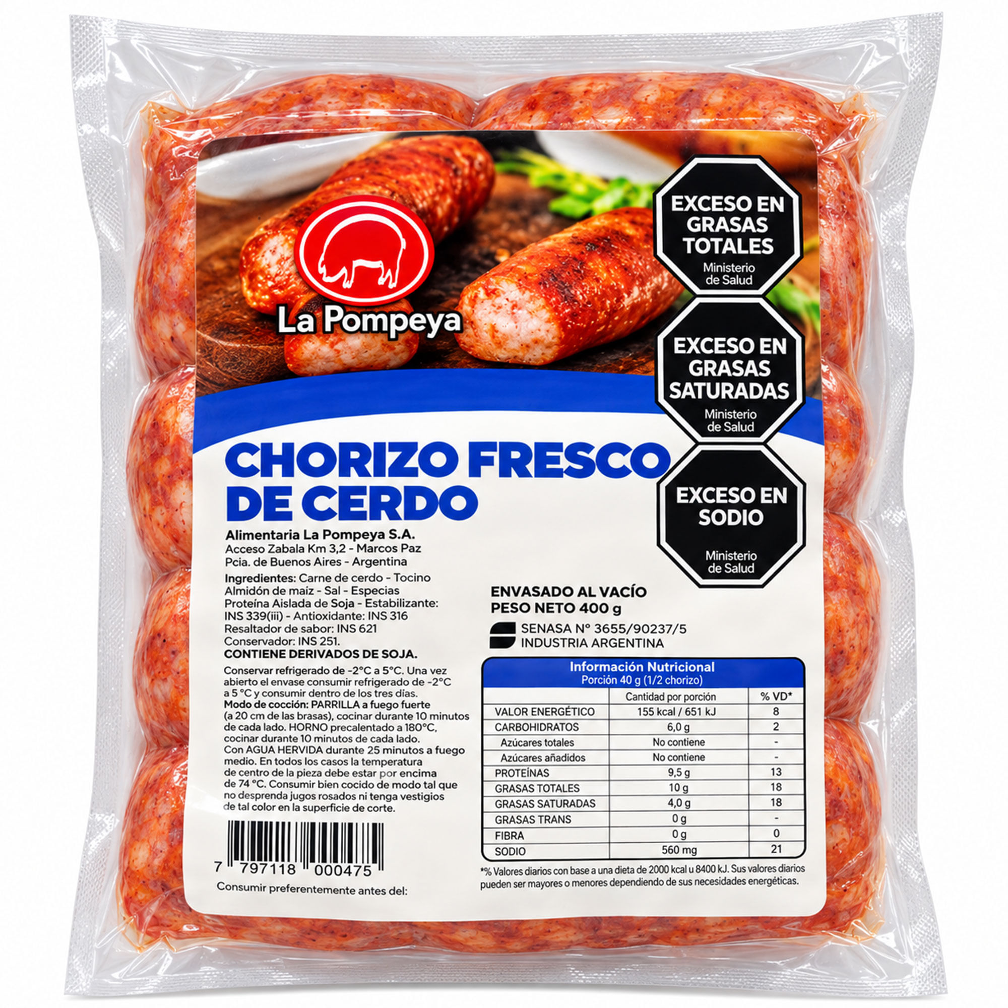 Chorizo fresco de cerdo La Pompeya 400 grs