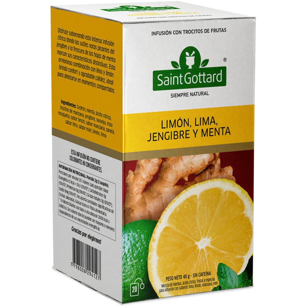 Té en saquitos Saint Gottard limon lima jengibre menta 20 u.