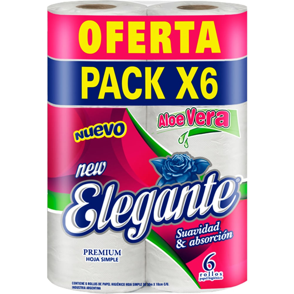 Papel higiénico hoja simple Elegante aloe vera 6 x 30 m.