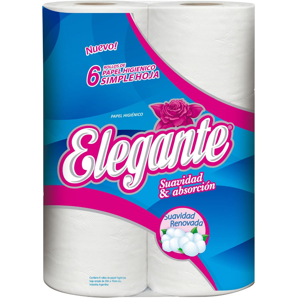 Papel higiénico Elegante hoja simple 30 mts. x 6 uni