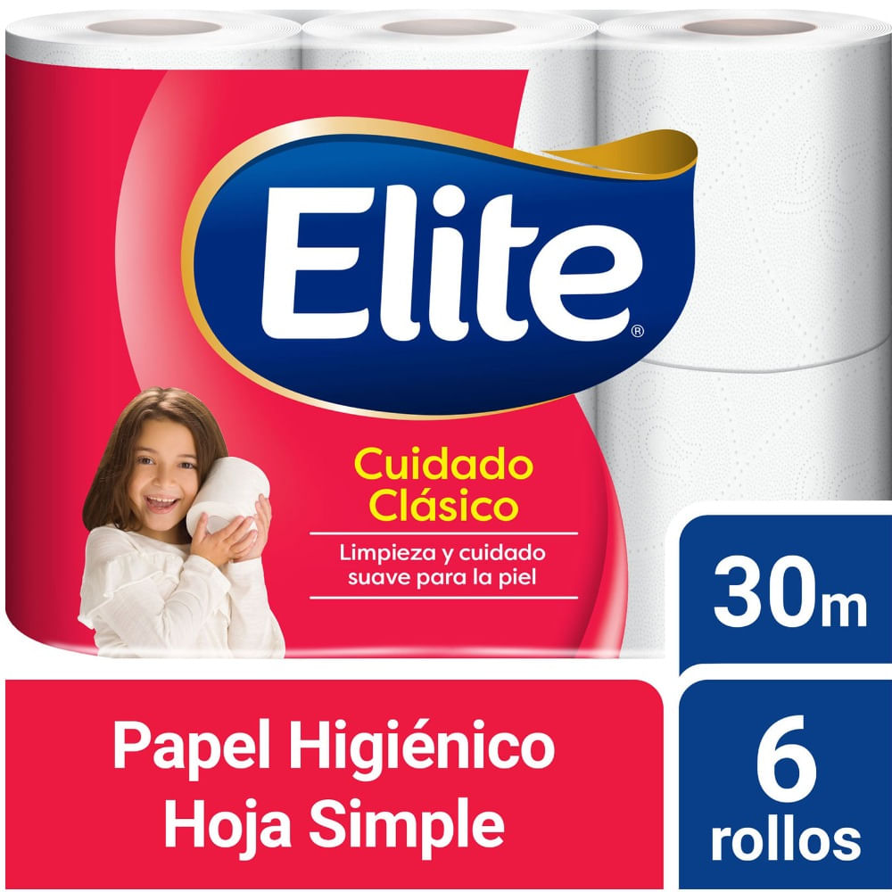 Papel higiénico Elite cuidado clásico hoja simple 30 mts 6 uni