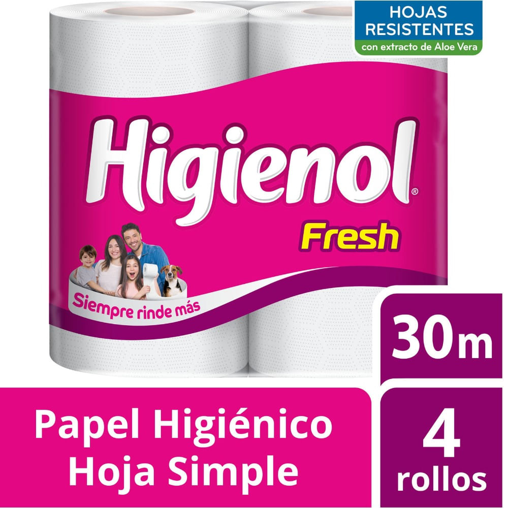 Papel higiénico Higienol Fresh hoja simple 30 mts 4 uni