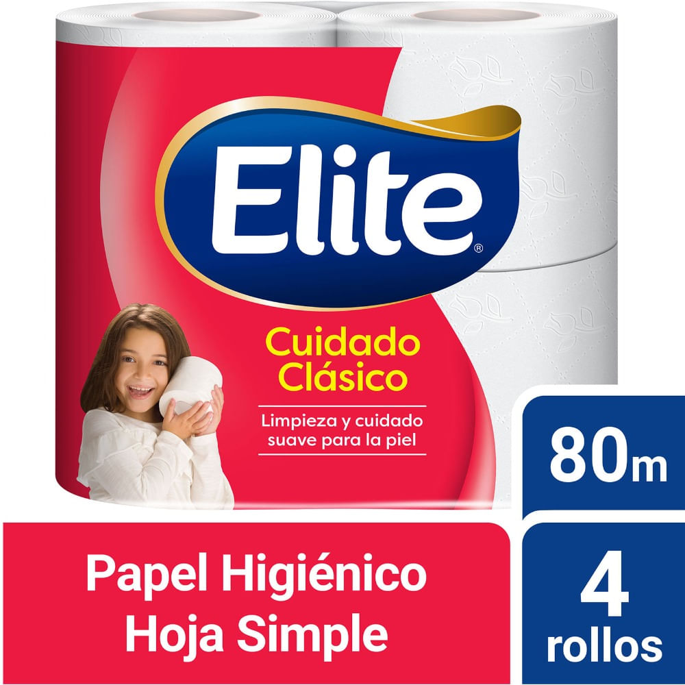 Papel higiénico Elite cuidado clásico hoja simple 80 mts 4 uni