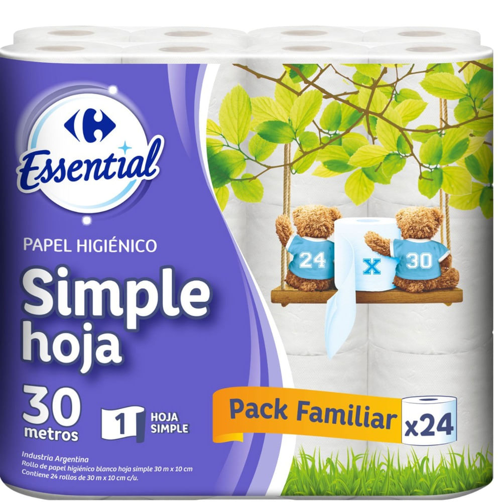 Papel higiénico hoja simple Carrefour Essential x24 30 mts