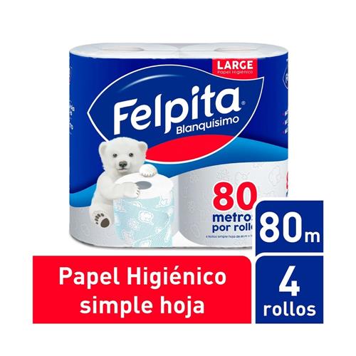 Papel Higiénico FELPITA Blanquísimo Simple Hoja Paquete 4 Unidades