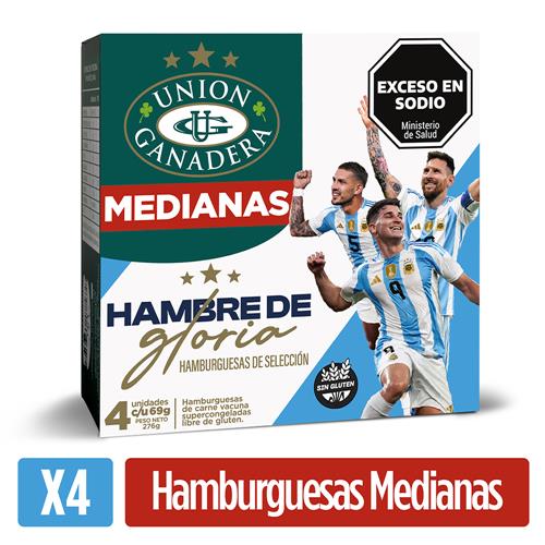 Hamburguesas Medianas De Carne Vacuna X4 U. UNION Ganadera 276g