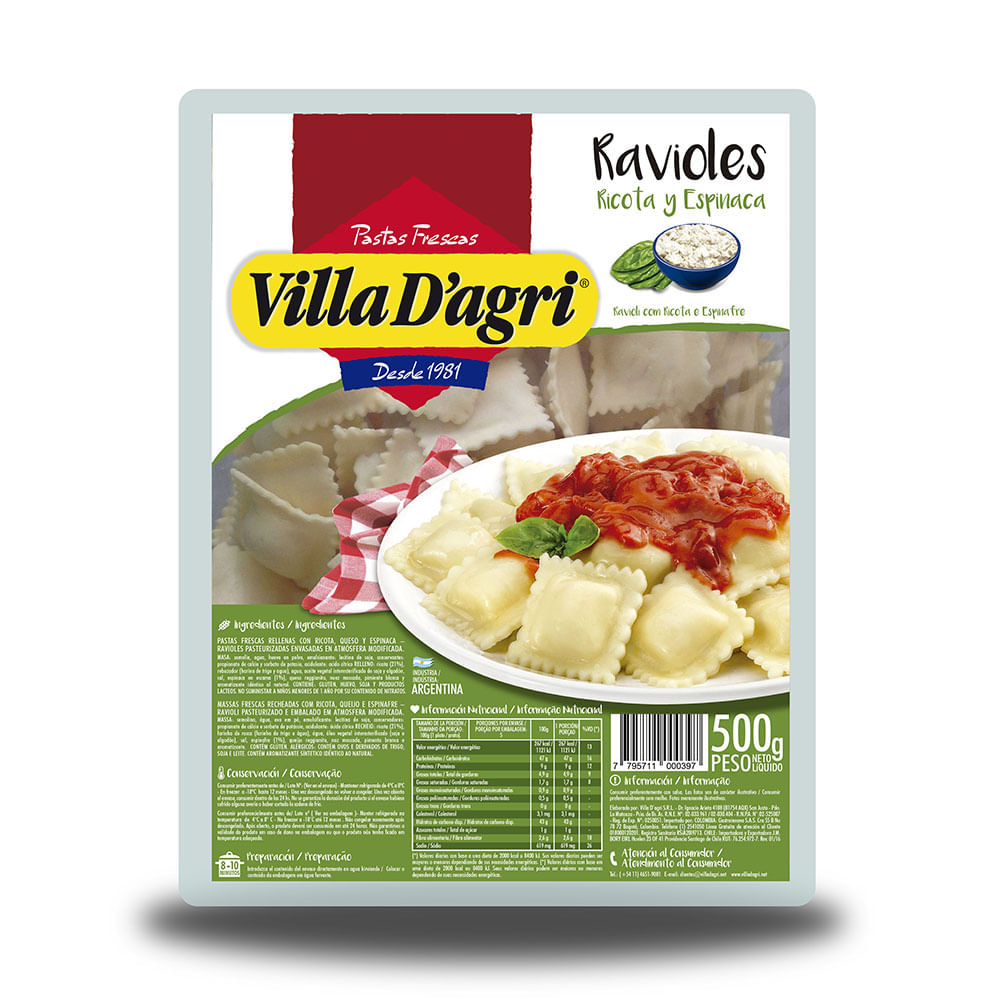 Ravioles de Sabor Ricota y Espinaca 500 Grs Villa D'Agri