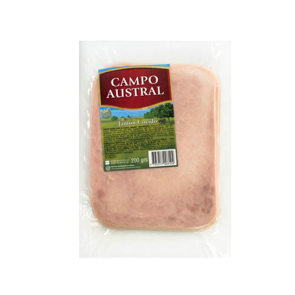 Jamon Cocido Feteado 200 Grs Campo Austral