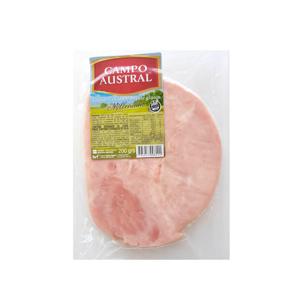 Jamón Cocido Feteado 200 Grs Campo Austral