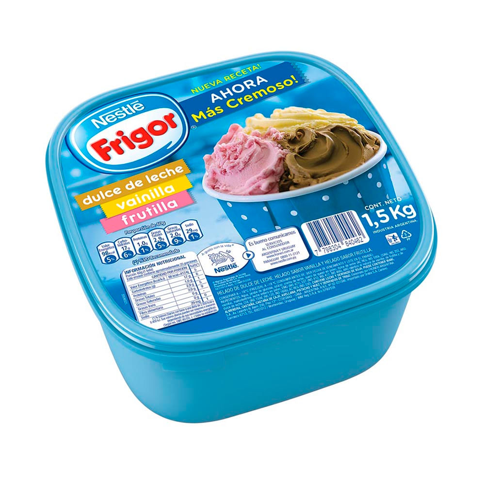 Helado Sabor Dulce de leche, Vainilla y Frutilla 1,5 Kg Frigor