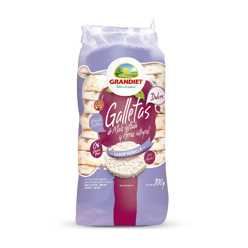 Galletas de Arroz y Maíz Inflado Sabor Vainilla 100 Grs Grandiet
