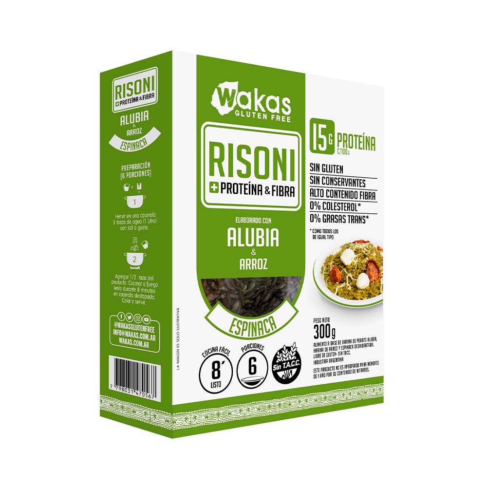 Fideos Risoni de Alubia y Arroz Sabor Espinaca 300 Grs Wakas