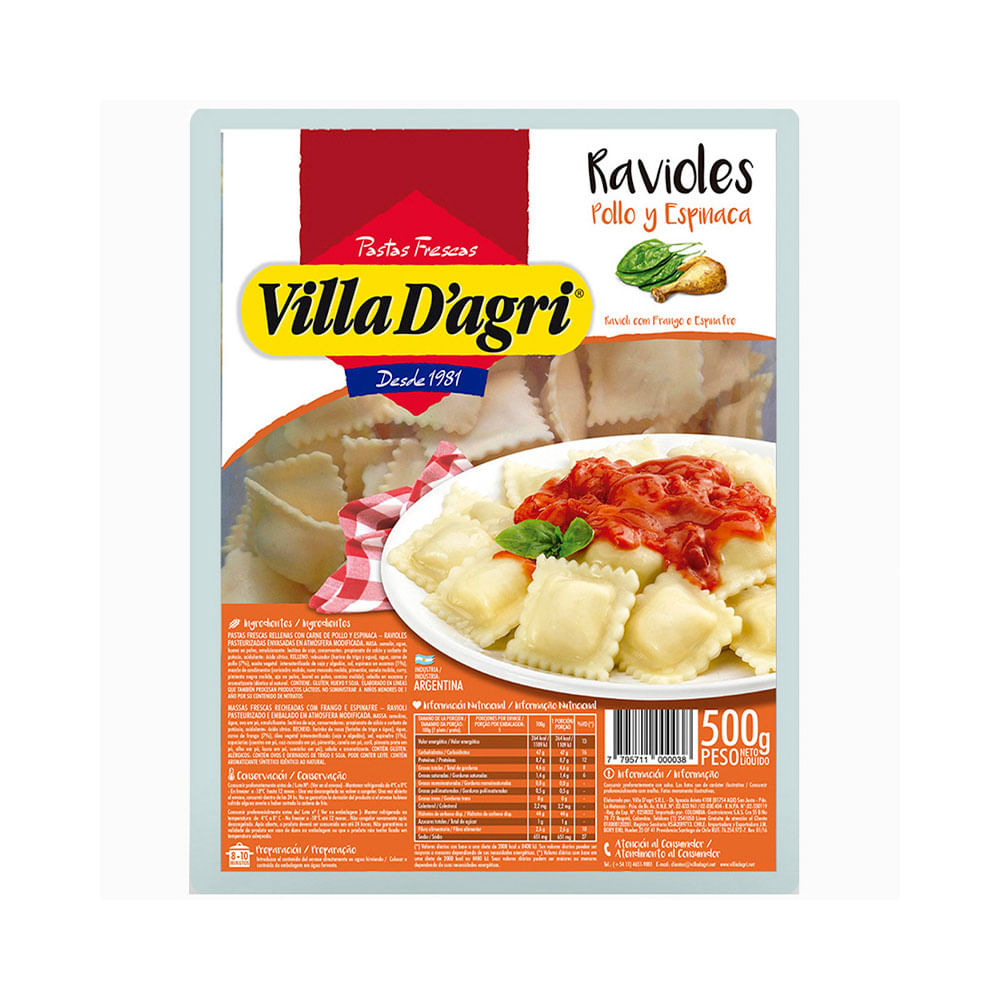 Ravioles de Sabor Pollo y Espinaca 500 Grs Villa D'Agri