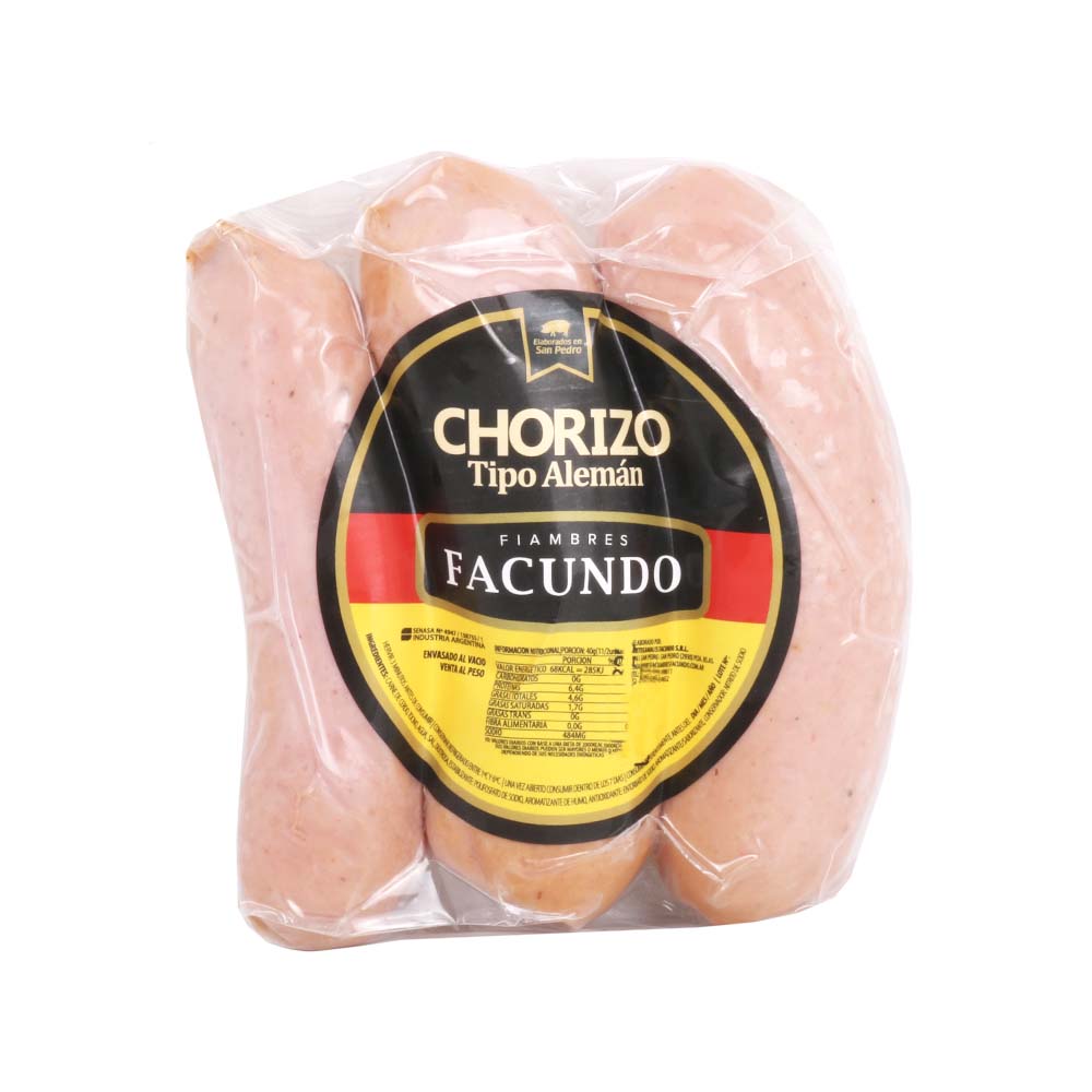 Chorizo Tipo Alemán de Cerdo Fresco al vacio x 1 Kg Facundo