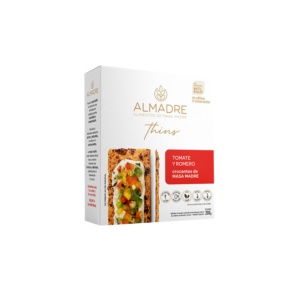 Galletitas Saladas Thins Sabor Tomate y Romero 200 Grs Almadre