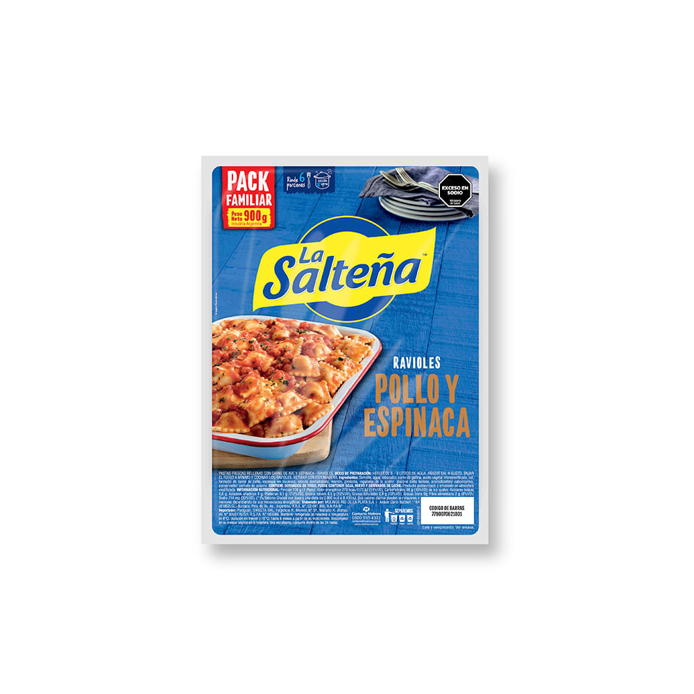Ravioles de Sabor Pollo y Espinaca 900 Grs Familiar La Salteña
