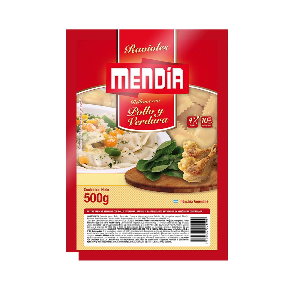 Ravioles de Sabor Pollo y Verdura 500 Grs Mendia