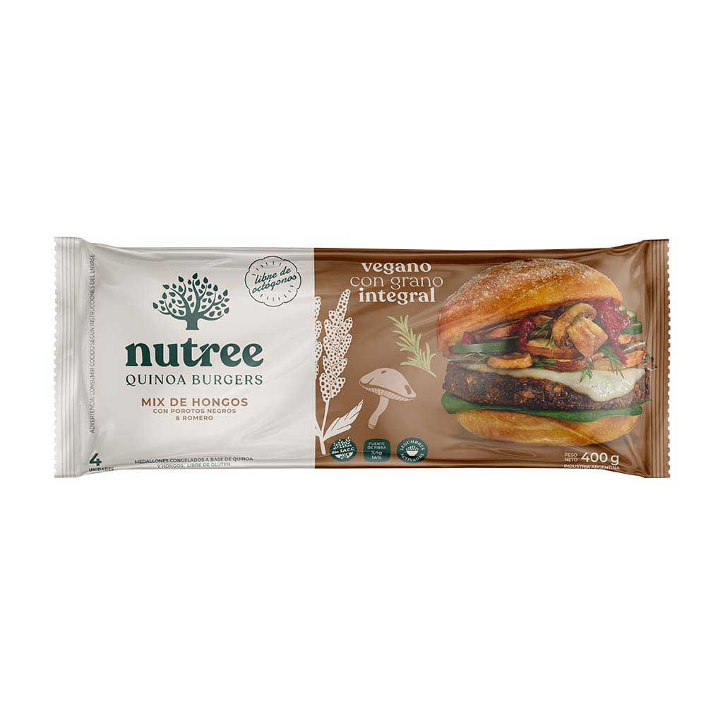Hamburguesas Veganas de Quinoa y Sabor Mix de Hongos con Porotos Negros 400 Grs x 4 Un Nutree