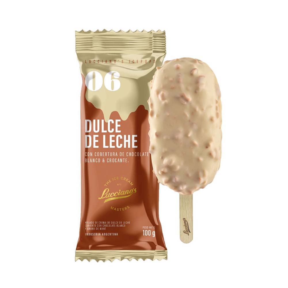 Helado Sabor Dulce de Leche con Cobertura de Chocolate Blanco y Grana de Maní x 1 Un 100 Grs Lucciano’s