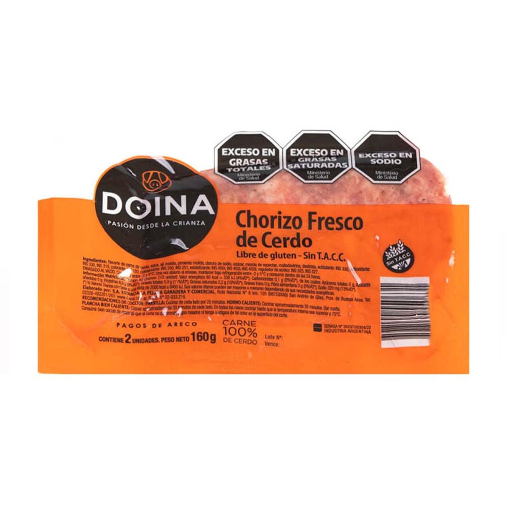 Chorizo Puro Cerdo 160 Grs x 2 Un Doina
