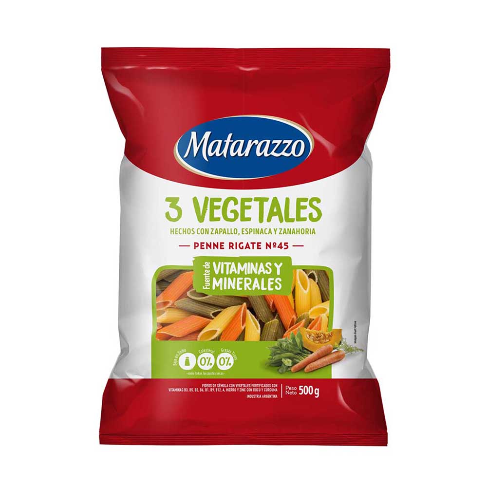 Fideos Penne Rigate 3 Vegetales 500 Grs Matarazzo