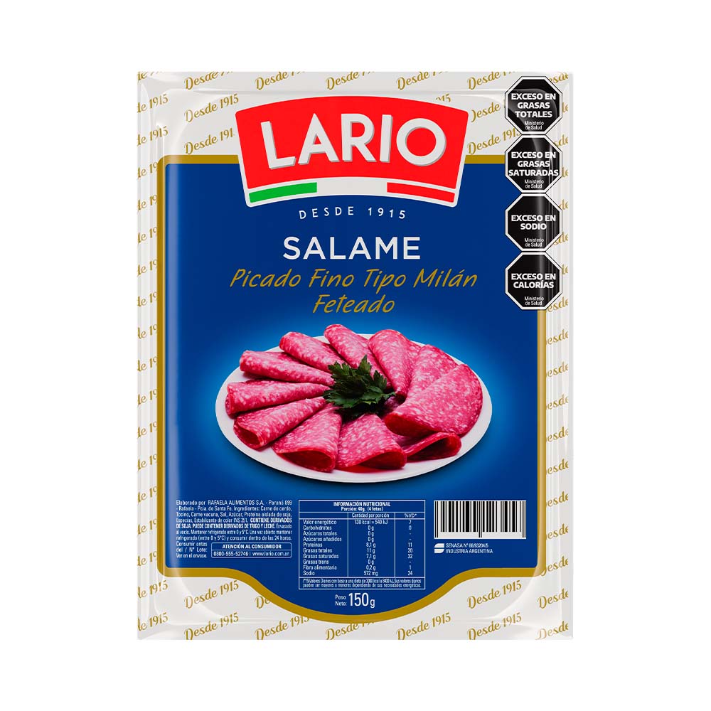 Salame Milán Picado Fino Feteado 150 Grs Lario
