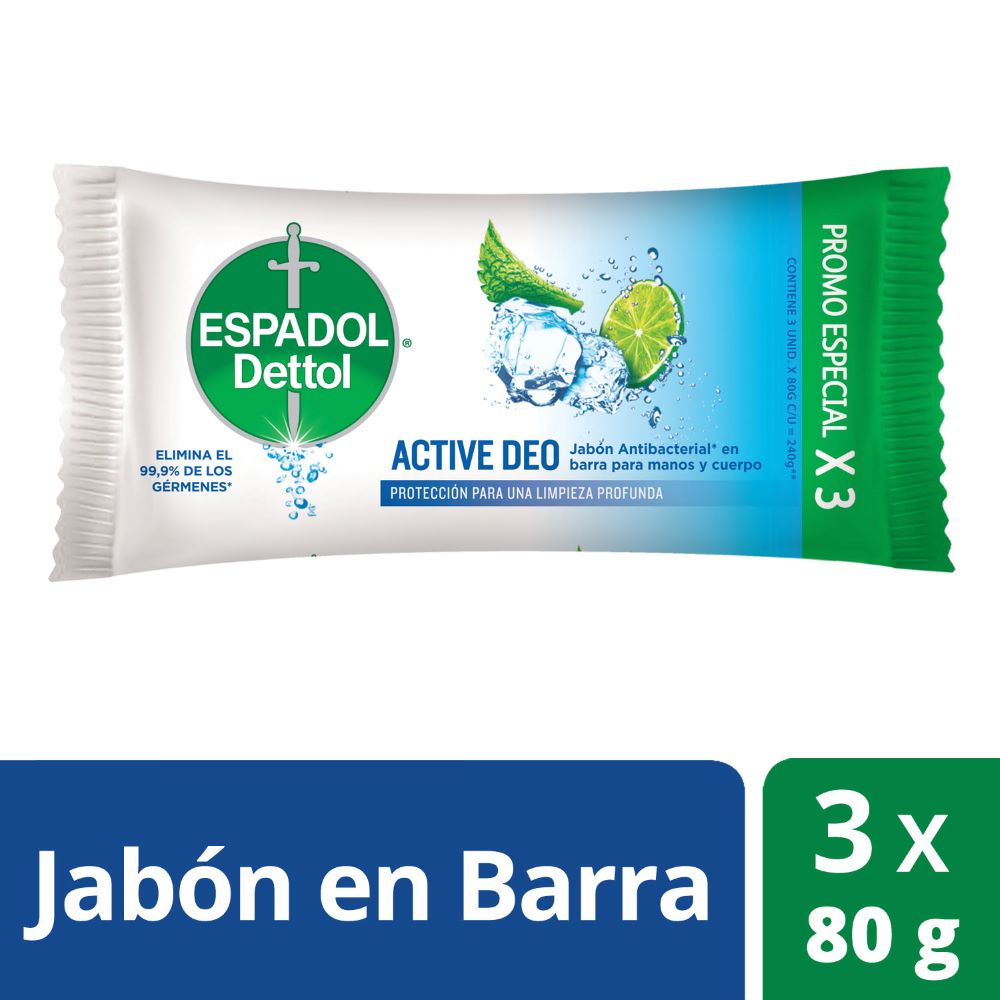 Jabón de Tocador Anti-Bacterial Active Deo 80 Grs x 3 Un Espadol