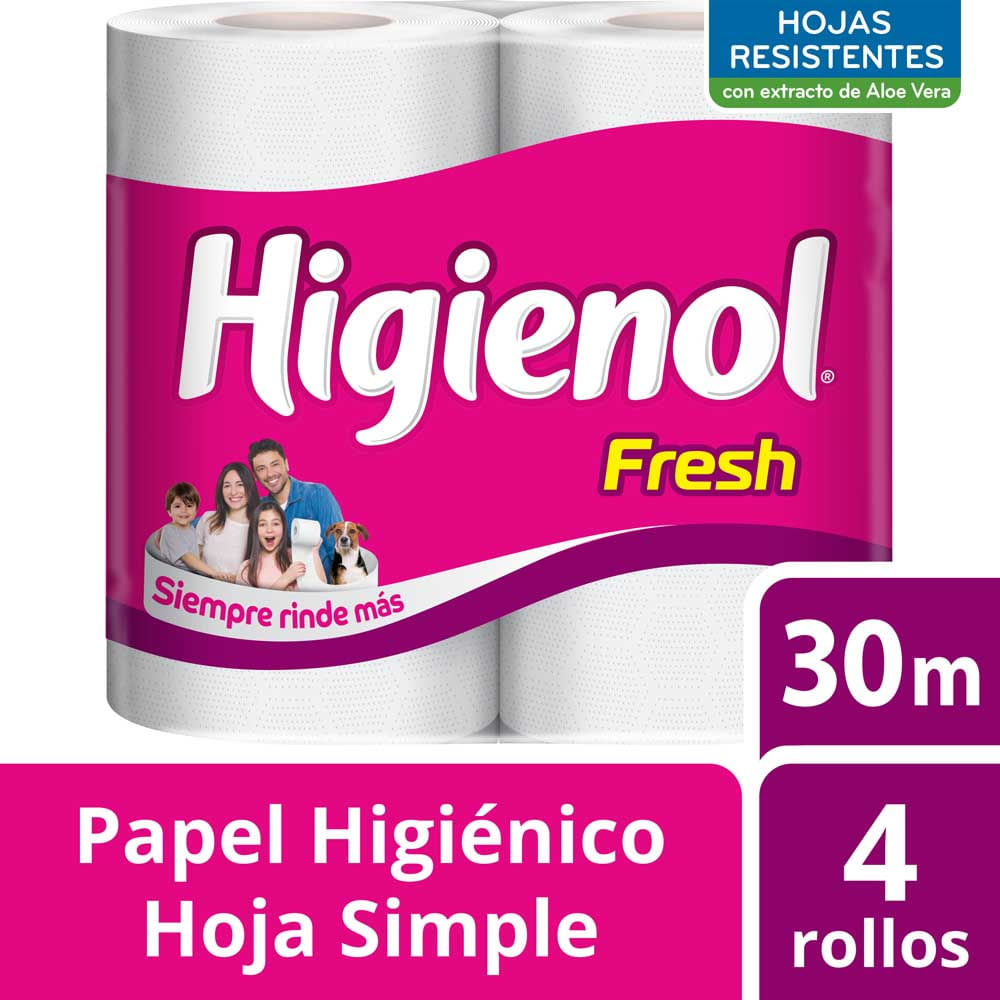 Papel Higiénico Fresh Hoja Simple 30 Mts x 4 Un Higienol