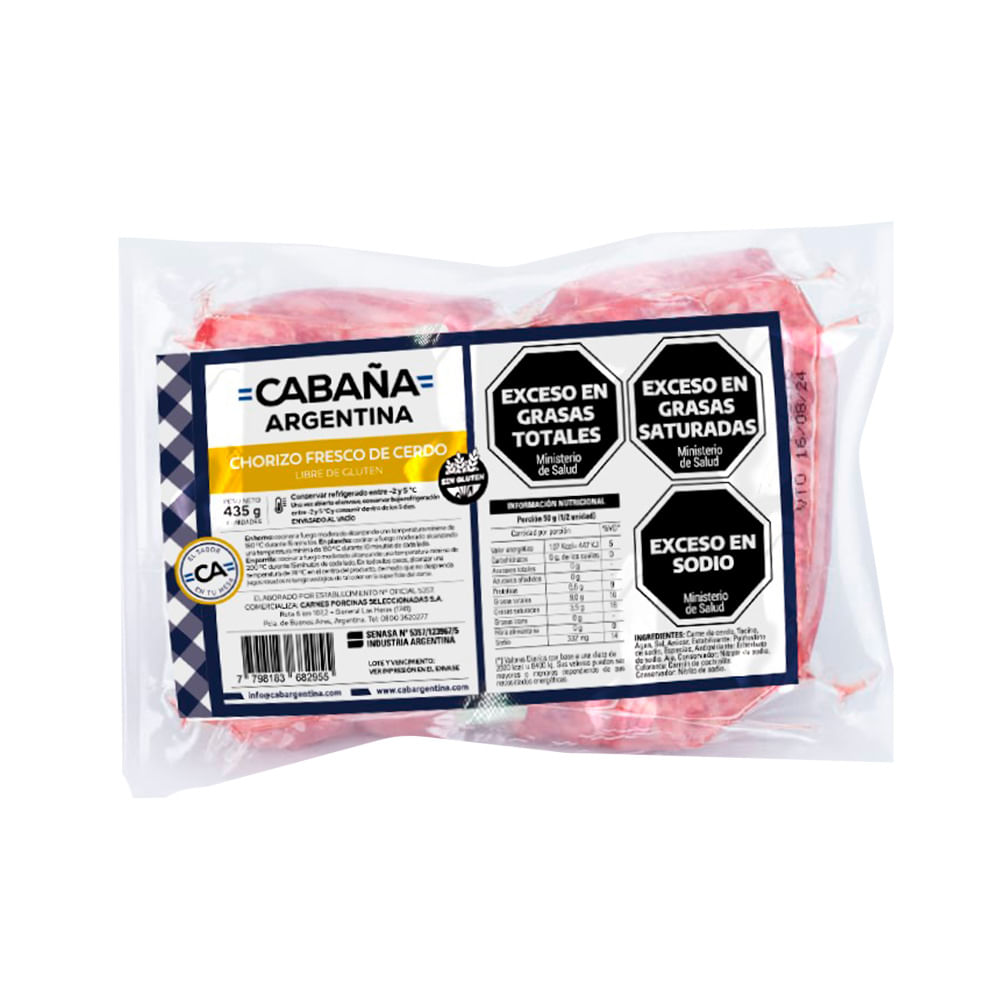 Chorizo Puro Cerdo Al Vacio- 4u - 435grs- Cabaña Argentina