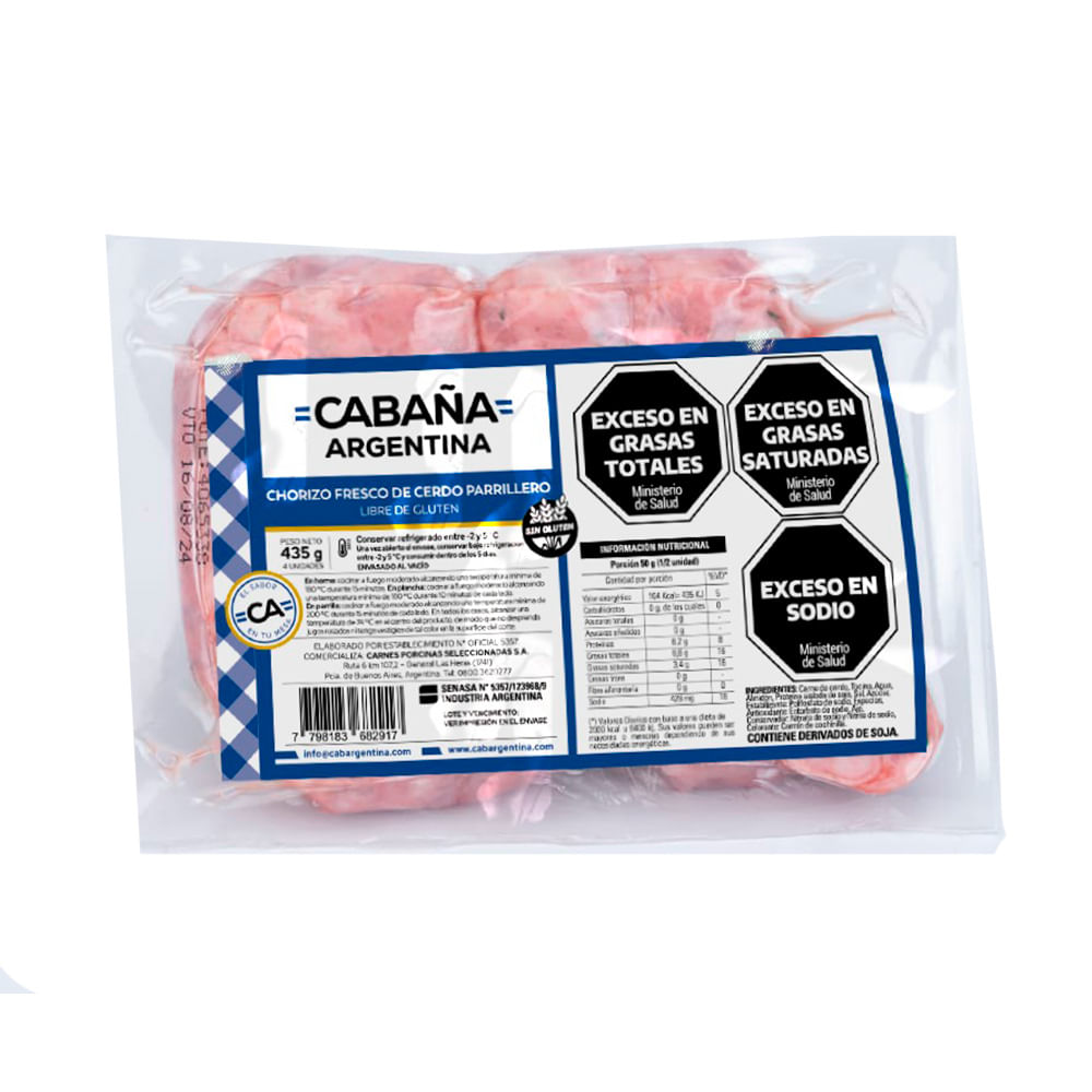 Chorizo Parrillero Al Vacio -4u - 435grs- Cabaña Argentina