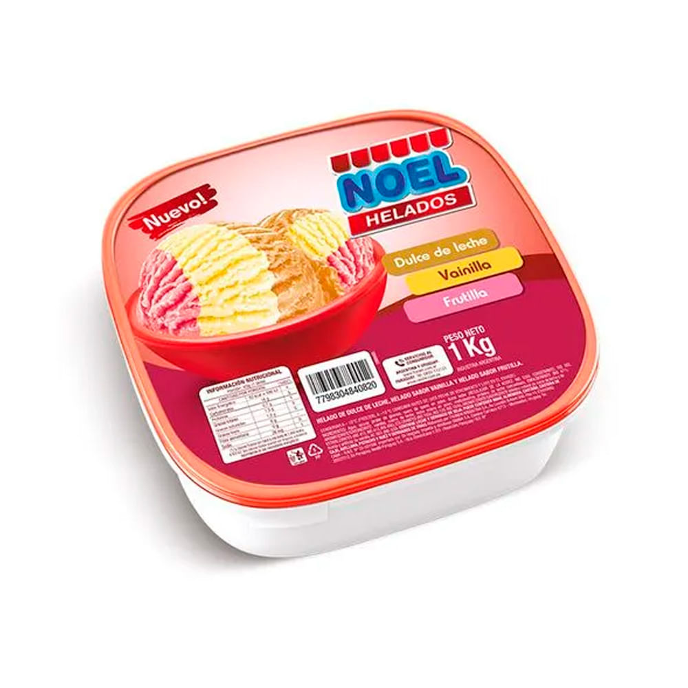 Helado Sabor Dulce de leche y Sabor Vainilla y Sabor Frutilla 1 Kg Noel
